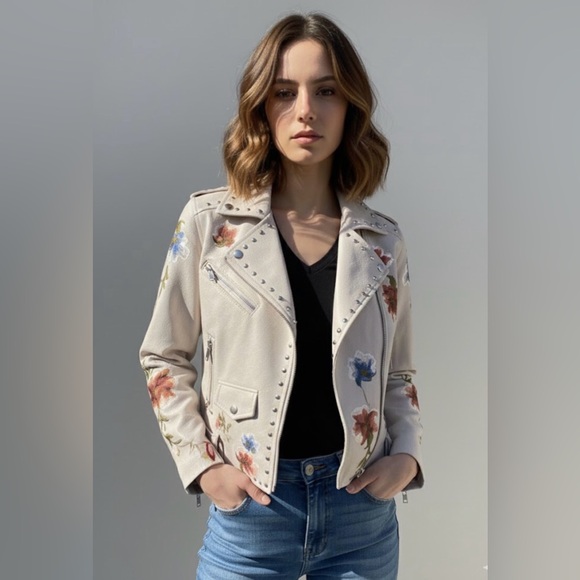 No Label Jackets & Blazers - Boho Floral Embroidered Cream Biker Jacket Silver Studded Faux Leather Size S